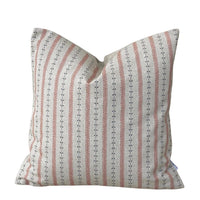 Thumbnail for Botanical stripe cushion cover in indigo blue and muted red on natural beige