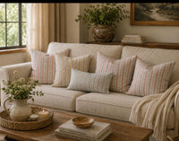 Thumbnail for Botanical stripe cushion covers in red, blue and ochre styled on a neutral country sofa