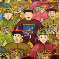 Thumbnail for Burgundy and olive green chinoiserie cotton fabric featuring traditional Chinese court figures and intricate decorative illustrations.