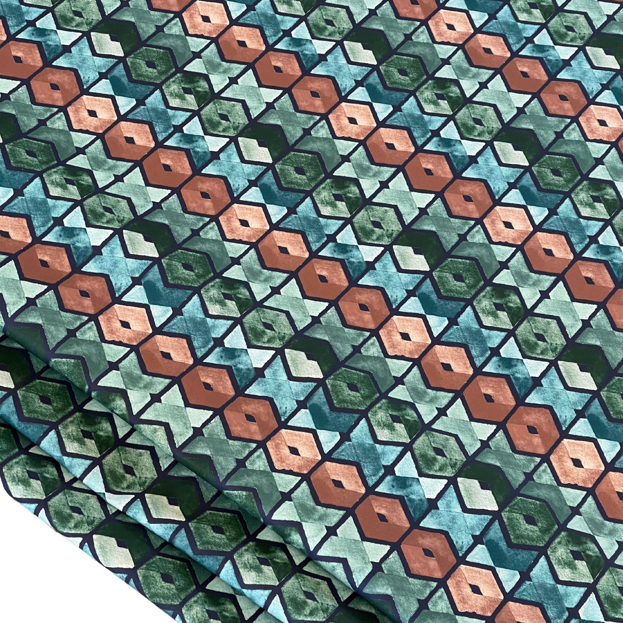 Art Deco Cotton Fabric – Geometric Retro Squares in Blue, Green & Brown for Curtains and Upholstery