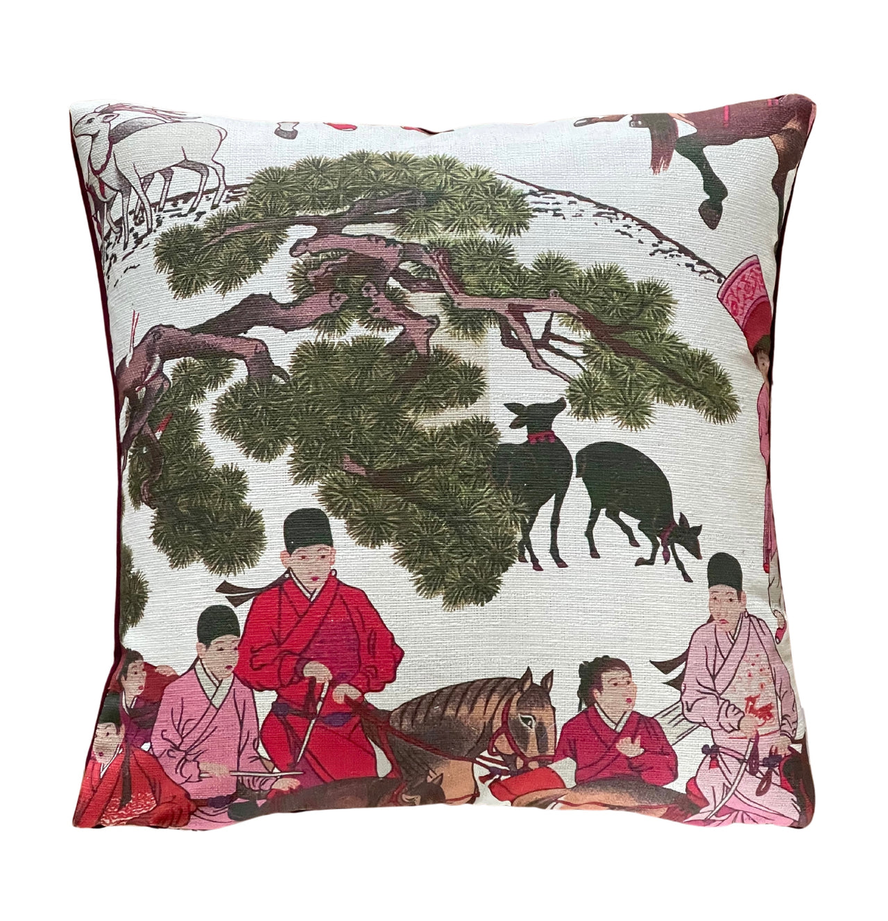 Mongolian Horsemen Oriental Cushion Covers – Red and Pink Outfits with Trees and Animals Design