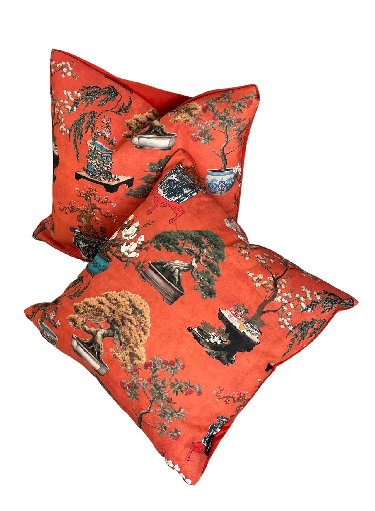 Scarlet Red Cushion Cover – Botanical Oriental Design with Bonsai Trees, Floral Blooms & Ming Pottery