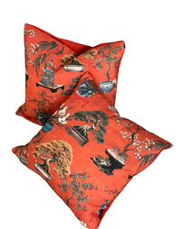 Thumbnail for Scarlet Red Cushion Cover – Botanical Oriental Design with Bonsai Trees, Floral Blooms & Ming Pottery