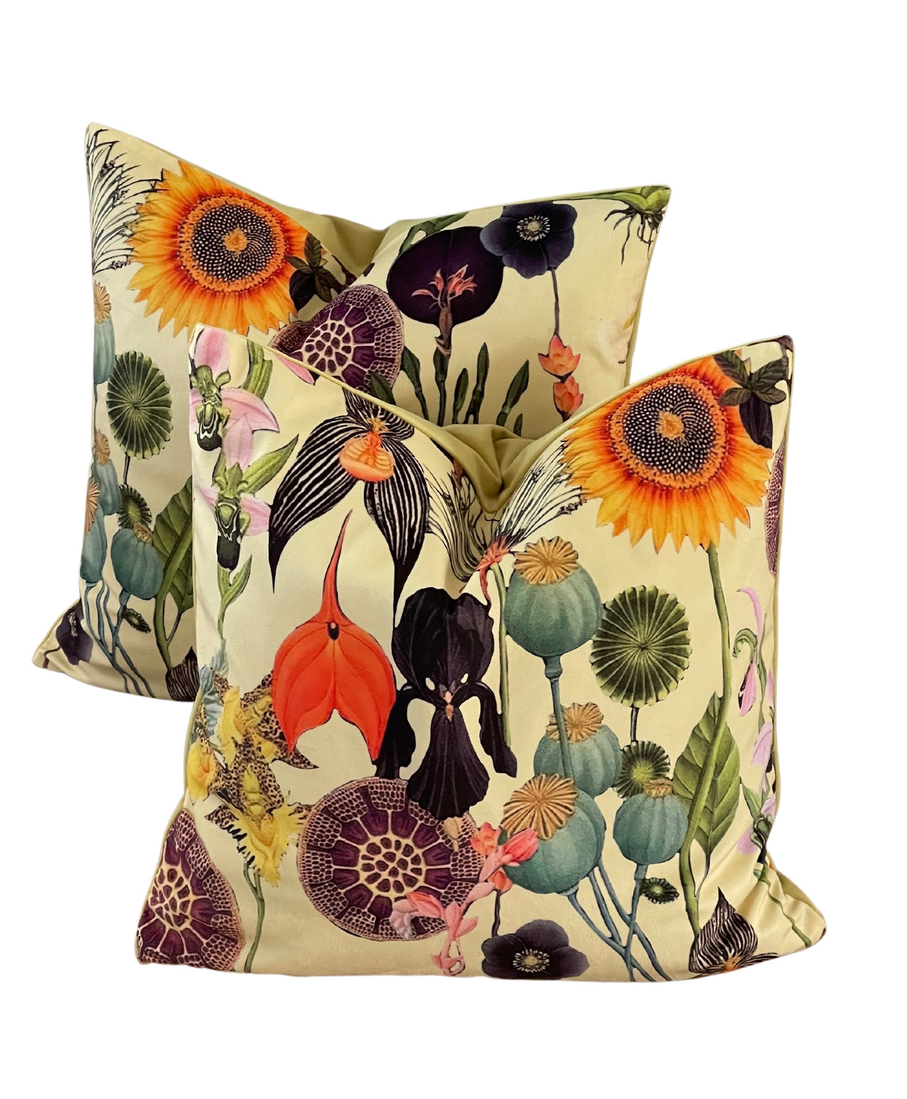 Vintage Yellow Velvet Cushion Cover with Poppies and Sunflowers - Art Deco Botanical Design