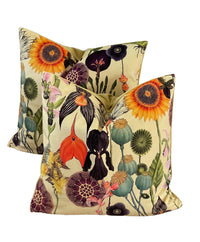 Thumbnail for Vintage Yellow Velvet Cushion Cover with Poppies and Sunflowers - Art Deco Botanical Design