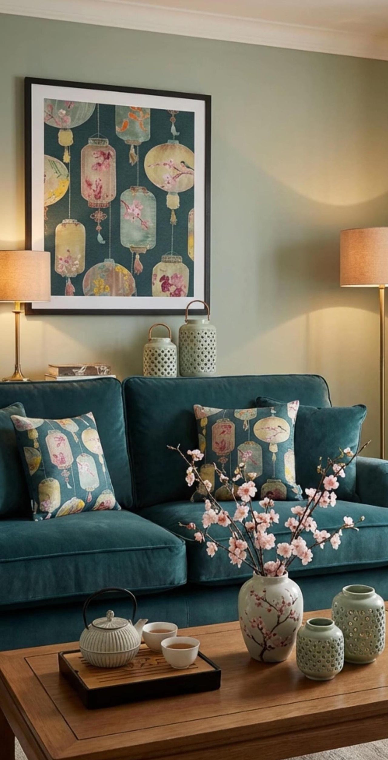 Two dark teal green Celestial Lanterns cushion covers featuring koi fish, cherry blossoms and decorative Asian lanterns, styled on a teal velvet sofa in a Japanese-inspired living room.

