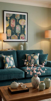 Thumbnail for Two dark teal green Celestial Lanterns cushion covers featuring koi fish, cherry blossoms and decorative Asian lanterns, styled on a teal velvet sofa in a Japanese-inspired living room.
