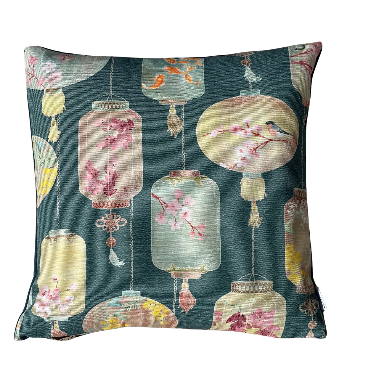 Dark teal green Celestial Lanterns cushion cover featuring colourful hanging lanterns decorated with koi fish, pink cherry blossoms and birds.