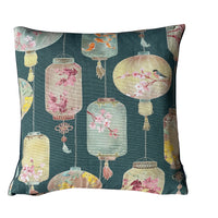 Thumbnail for Dark teal green Celestial Lanterns cushion cover featuring colourful hanging lanterns decorated with koi fish, pink cherry blossoms and birds.