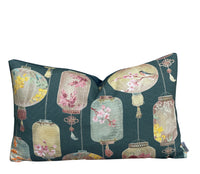 Thumbnail for Dark teal green oblong Asian lantern cushion cover with pastel floral lanterns, koi fish and cherry blossom motifs, handmade for decorative sofa styling.
 