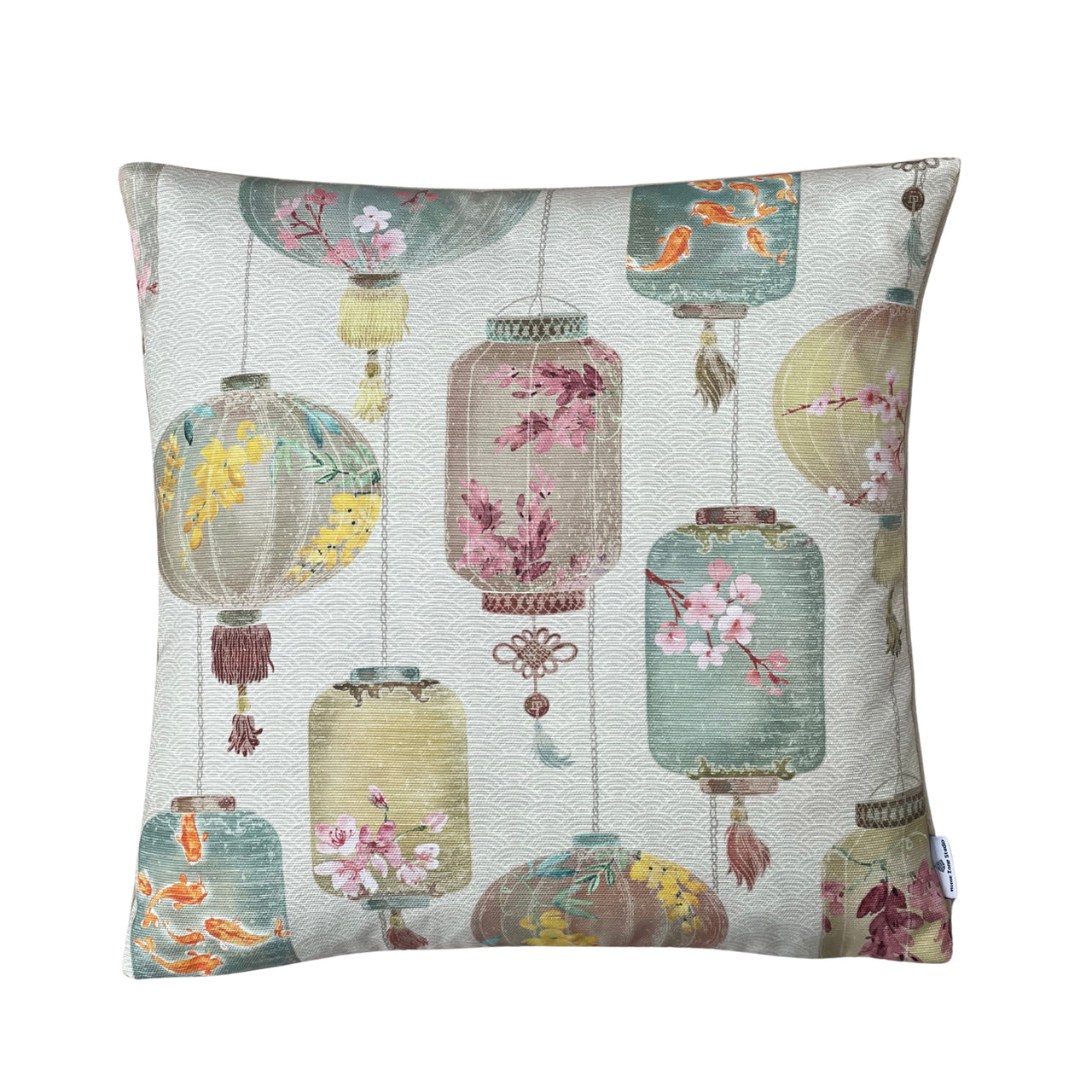 Handmade Celestial Lanterns ivory cushion cover featuring Asian hanging lanterns, koi fish, cherry blossoms and birds in soft pastel colours.