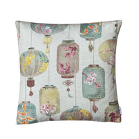 Thumbnail for Handmade Celestial Lanterns ivory cushion cover featuring Asian hanging lanterns, koi fish, cherry blossoms and birds in soft pastel colours.