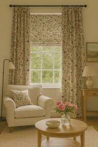 Thumbnail for English country living room with floral thistle print curtains and matching Roman blind, styled with a cream armchair and botanical cushion