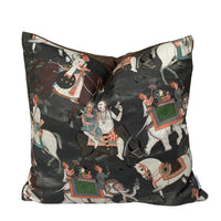 Thumbnail for Square charcoal-black decorative cushion cover showing an intricate Indian-inspired procession with elephants, horses, attendants and traditionally dressed figures.
