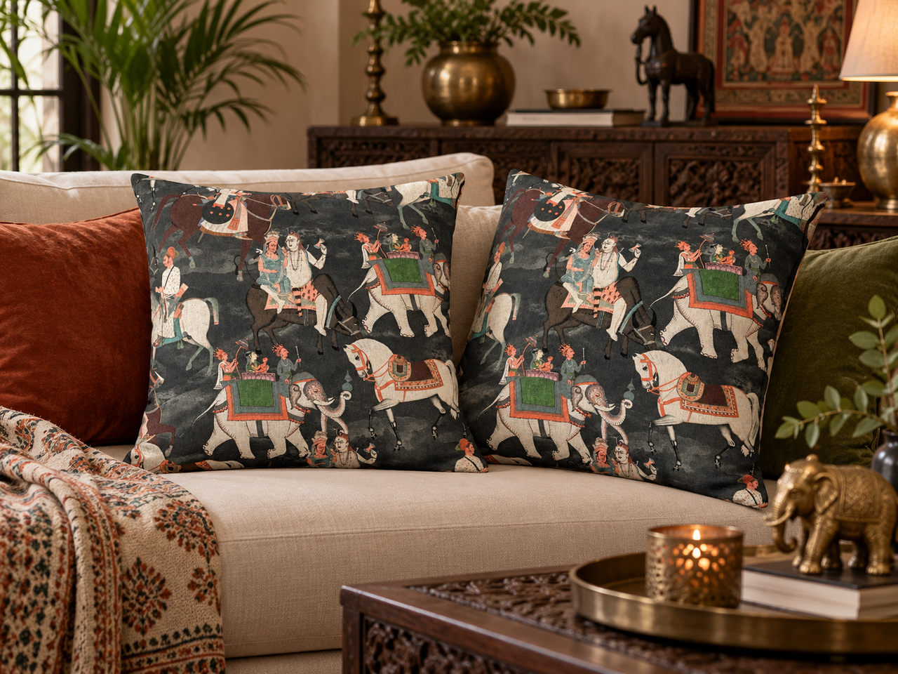Two charcoal grey Indian Maharajah elephant cushion covers styled on a cream sofa with terracotta and olive green cushions, carved wooden furniture and brass accessories.