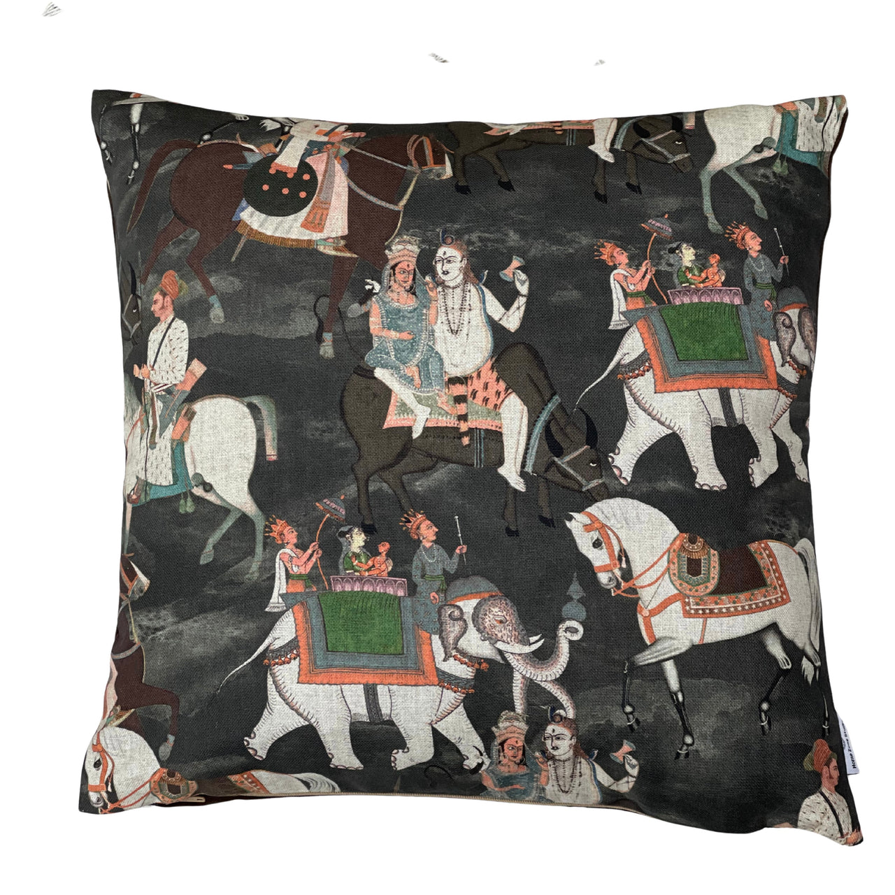 Charcoal grey Indian Maharajah cotton cushion cover featuring decorated elephants, traditional horse riders and royal procession scenes in terracotta, cream and muted green.