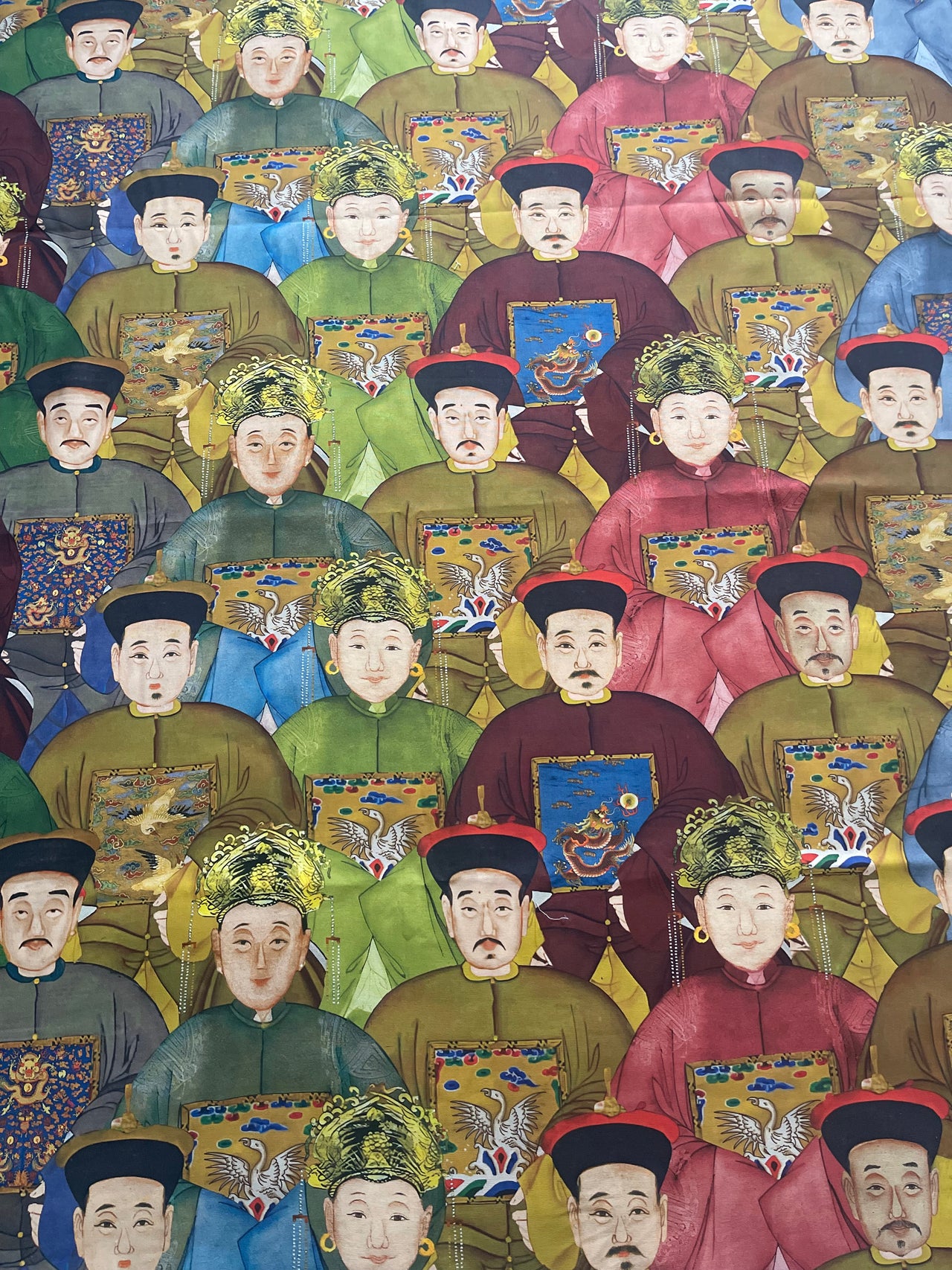 Chinese royal court figures printed on decorative cotton curtain fabric with warm gold, burgundy, green and muted blue tones.