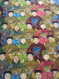 Thumbnail for Chinese royal court figures printed on decorative cotton curtain fabric with warm gold, burgundy, green and muted blue tones.