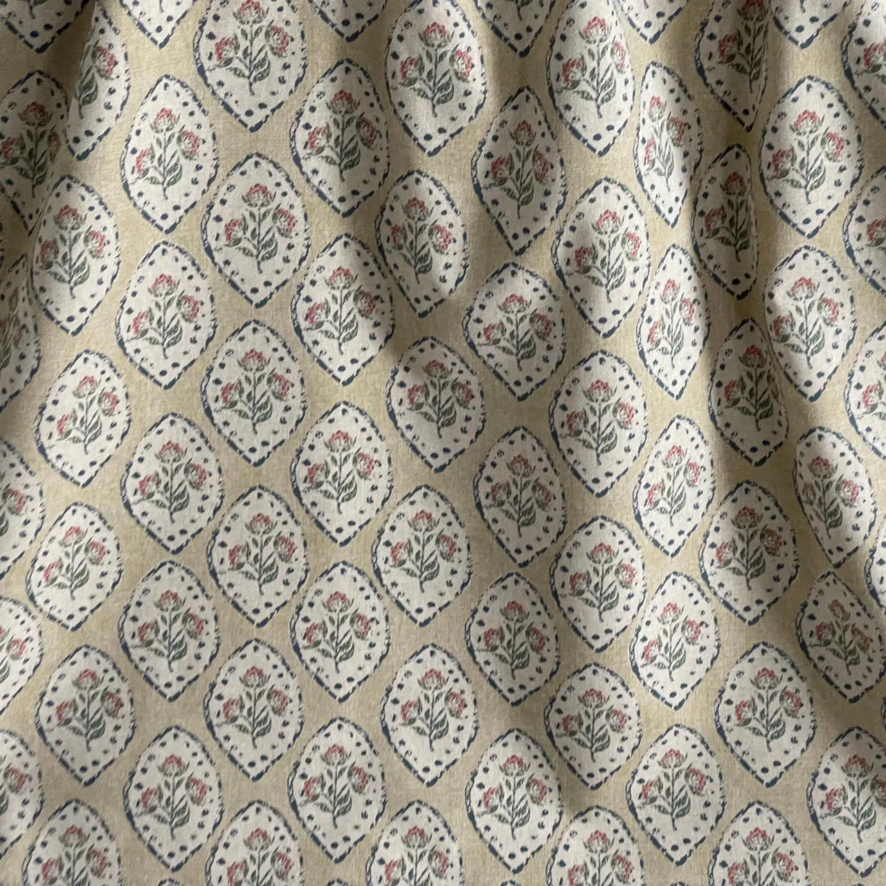 Cottage style floral upholstery fabric with hand-block inspired medallion print