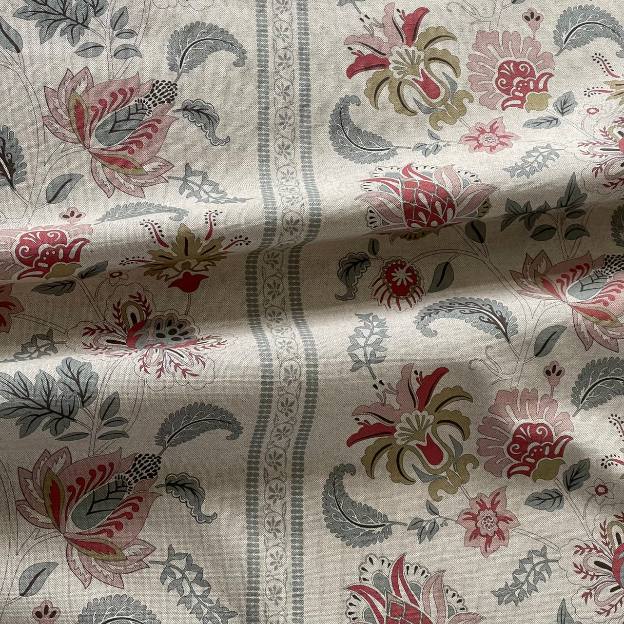 Classic Jacobean botanical fabric with decorative stripe design
