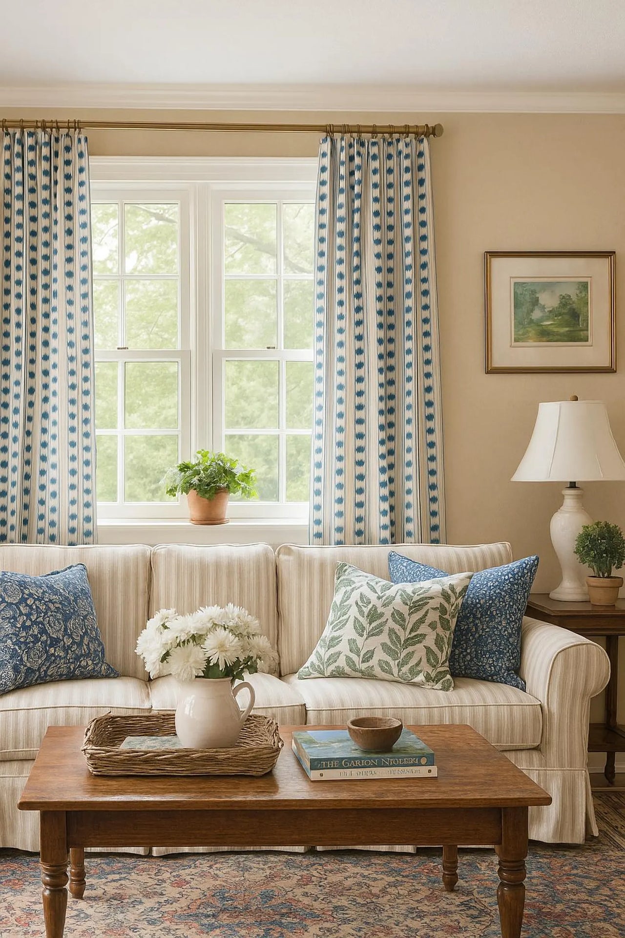 Blue stripe curtain material for coastal and farmhouse interiors