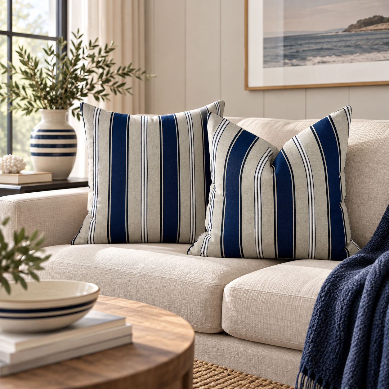 Two Riviera navy blue and beige striped cushions styled on a cream sofa with a navy throw in an elegant coastal living room.
