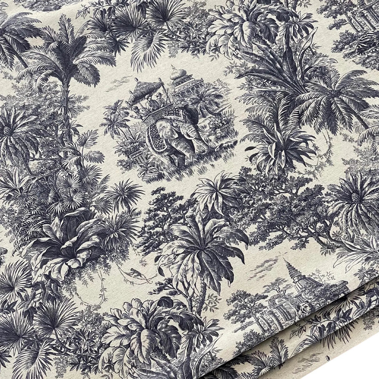 Toile fabric with elephants and tigers for interior design