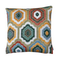 Thumbnail for Colourful boho decorative cushion cover with bold geometric medallion shapes in teal, mustard, terracotta, olive green and blue on a light background.