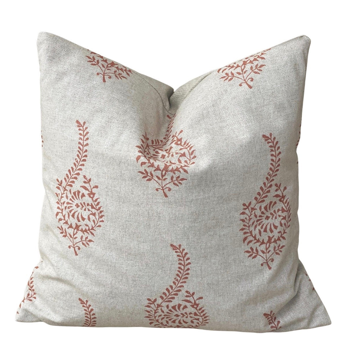 Coral block print cushion cover with Indian buta paisley design on natural beige fabric