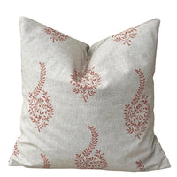 Thumbnail for Coral block print cushion cover with Indian buta paisley design on natural beige fabric