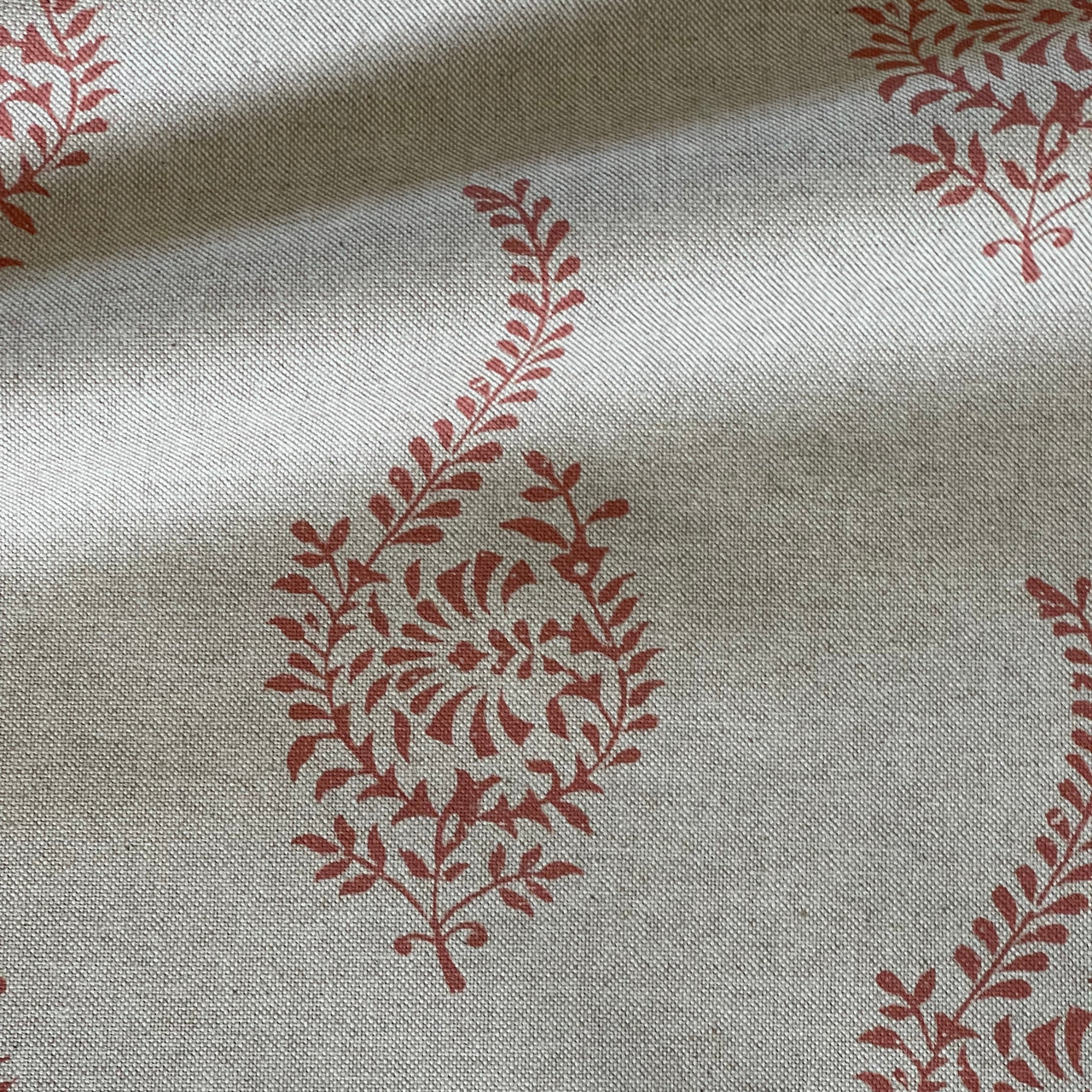 Coral buta block print fabric on natural beige linen look cotton blend
