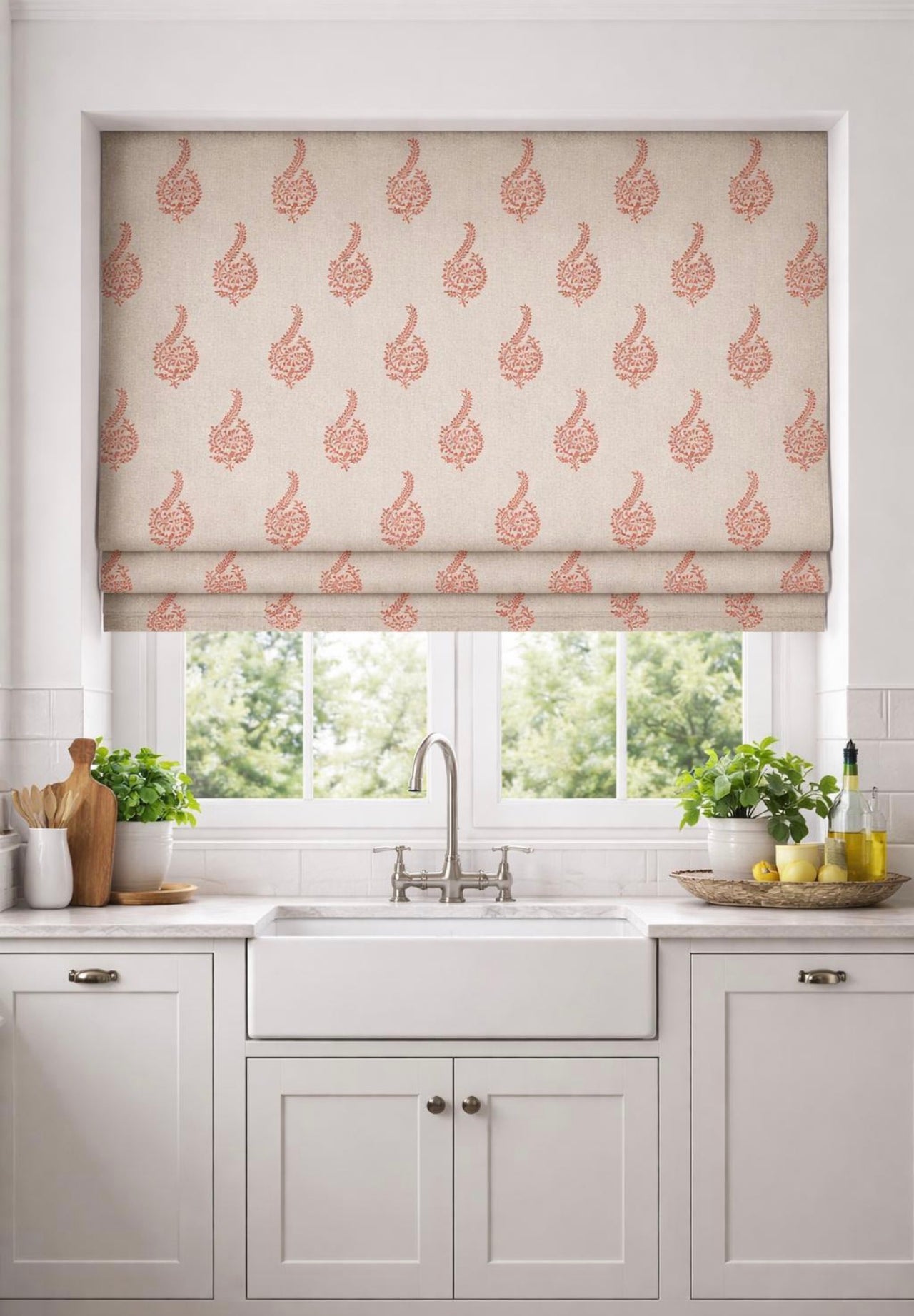 Indian paisley sprig buta fabric in coral on beige background