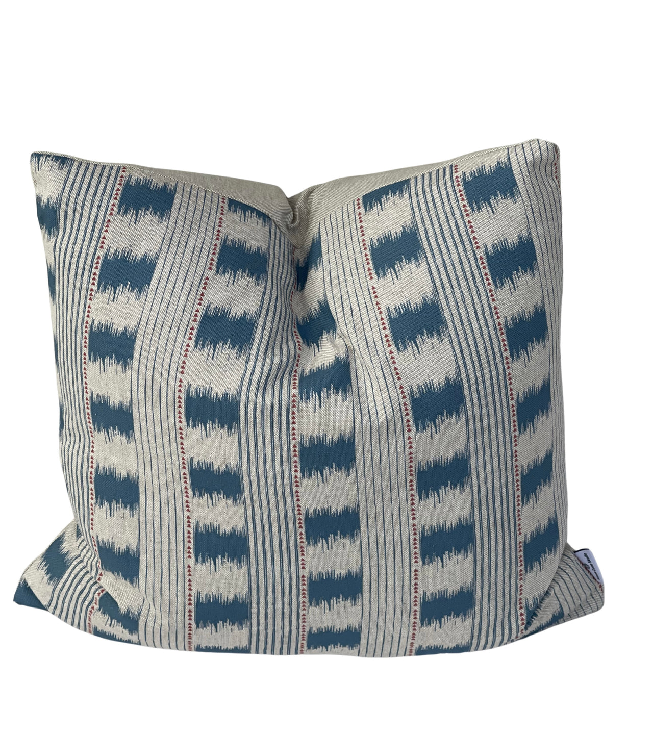 Cotton linen striped cushion cover in indigo blue, cream and subtle red tones.