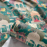 Thumbnail for Regalia cotton fabric roll in emerald green featuring Mughal miniature design with royalty, domes, elephants, and intricate flora.