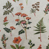 Thumbnail for Country cottage style fabric featuring scattered mushrooms, wildflowers, green ferns and botanical stems.