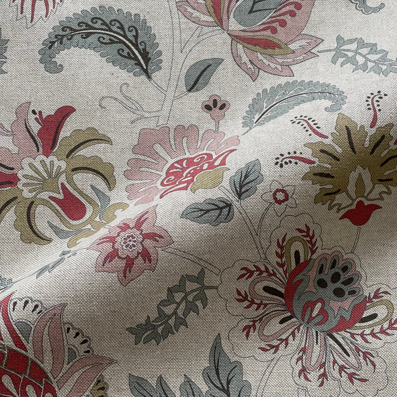 Country house Jacobean floral stripe curtain fabric in soft heritage colours