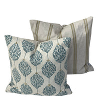 Thumbnail for Country style cushion cover with teal botanical leaves on a soft natural linen-look base