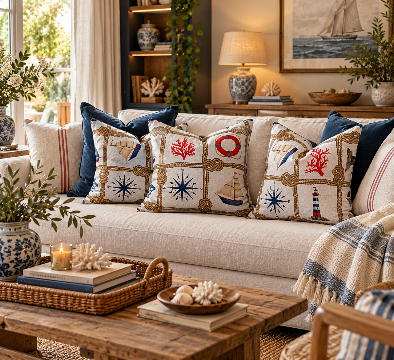 Nautical sailing boat and rope knot cushions styled on a cream sofa with navy blue pillows and coastal accessories in a beach house living room.
 Copy