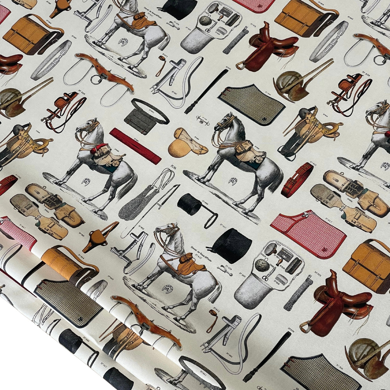 Equestrian Home Fabric – Cream Background with White Horse Print | Traditional Interiors | Gold Rush Inspired Cotton
