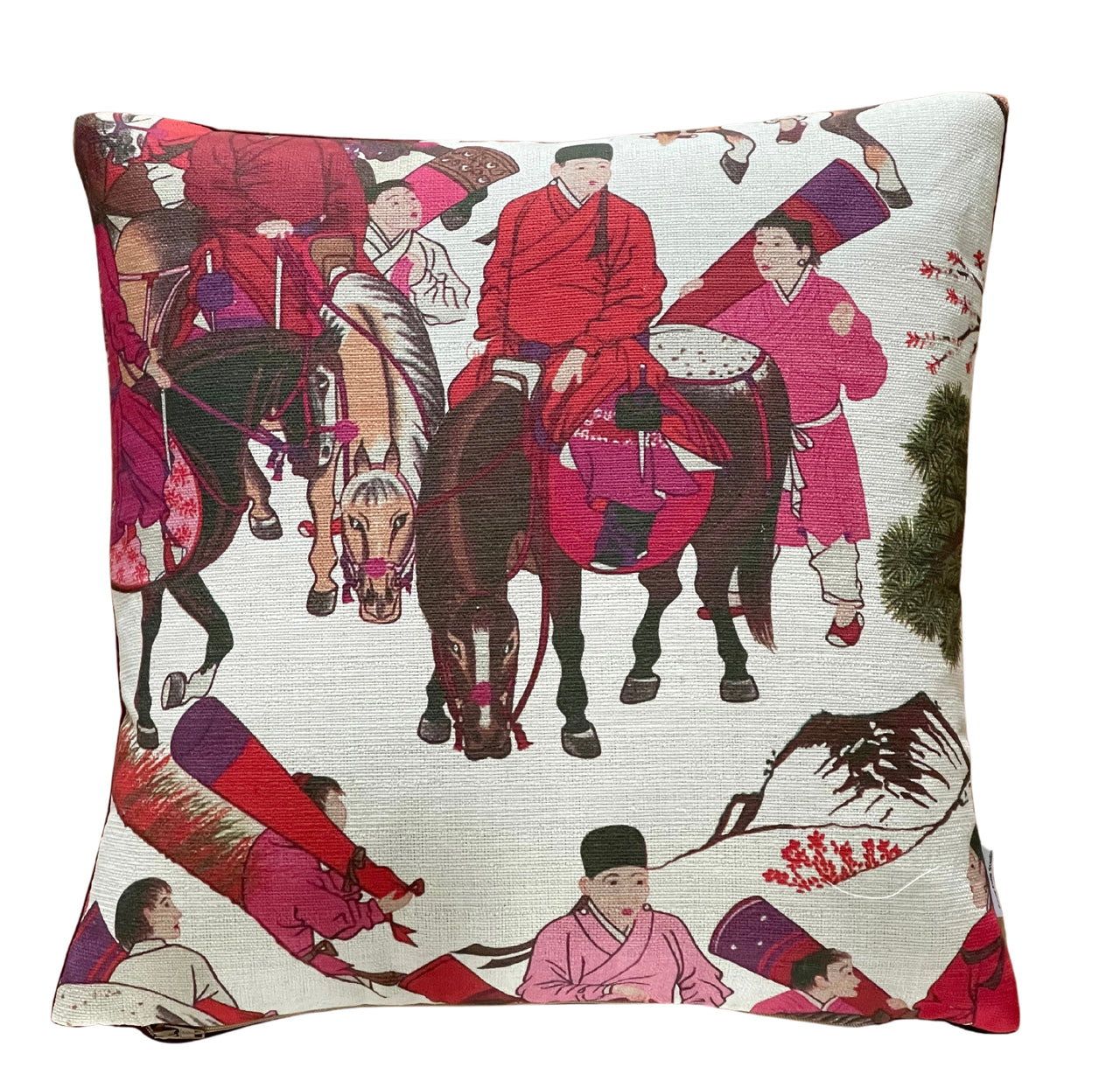 Mongolian Horsemen Oriental Cushion Covers – Red and Pink Outfits with Trees and Animals Design