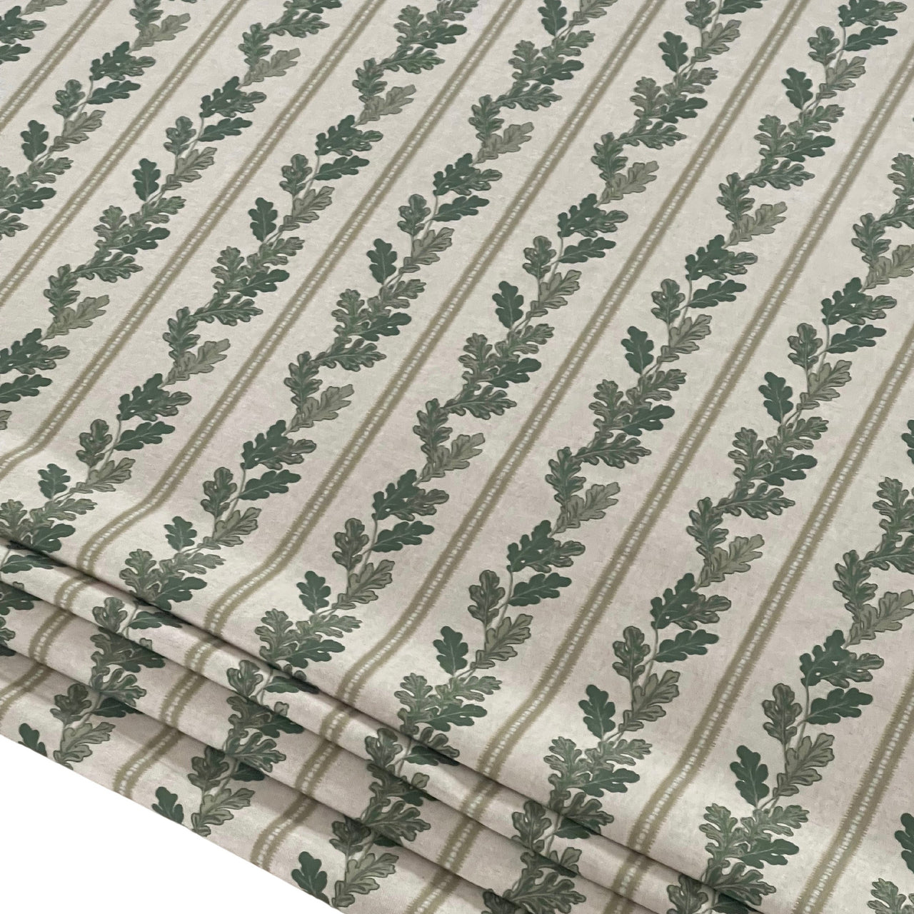 Green Stripes & Oak Leaves Cotton Linen Fabric – Rustic Country Decor, Perfect for Curtains, Cushions and Crafts