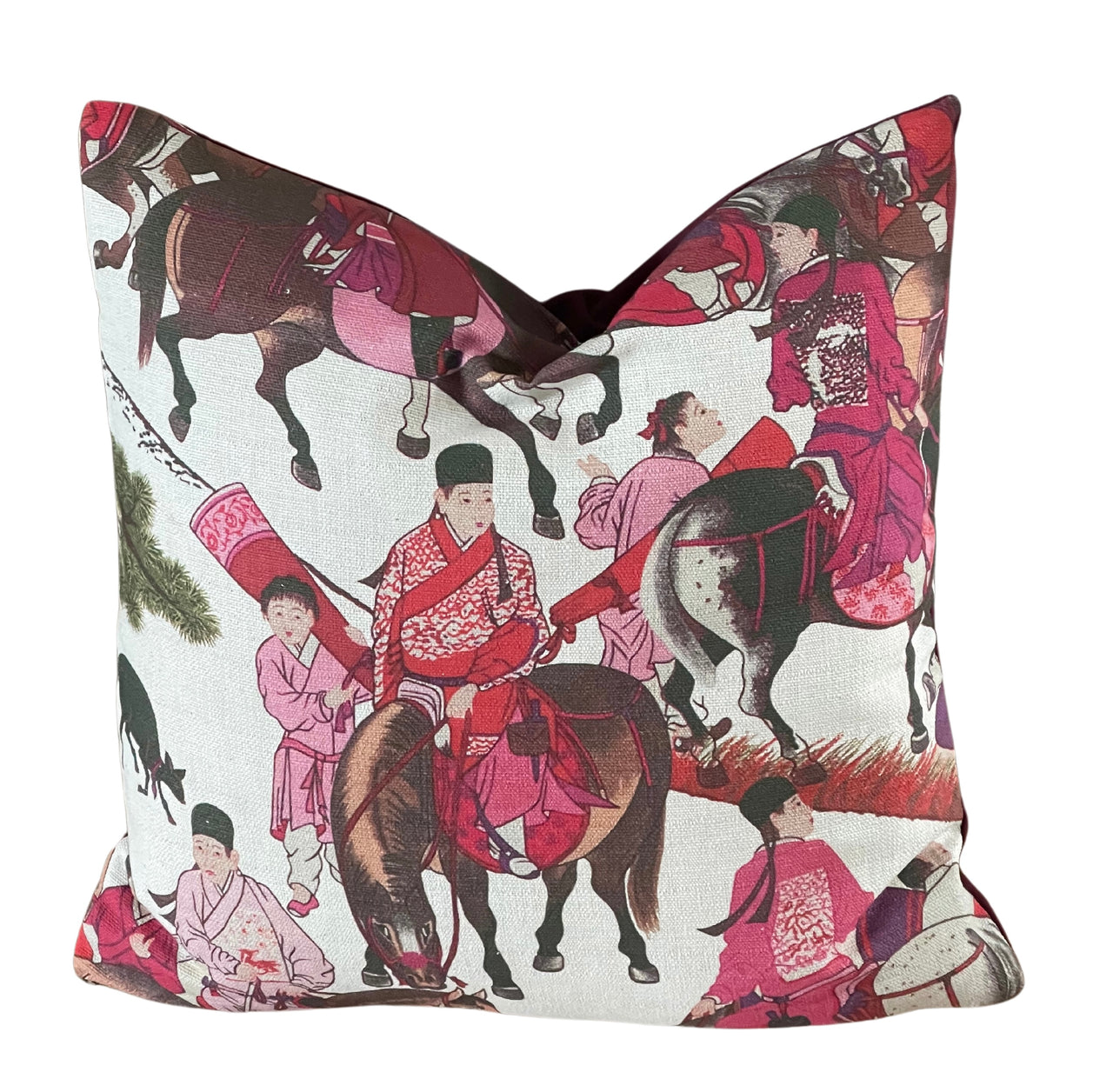 Mongolian Horsemen Oriental Cushion Covers – Red and Pink Outfits with Trees and Animals Design