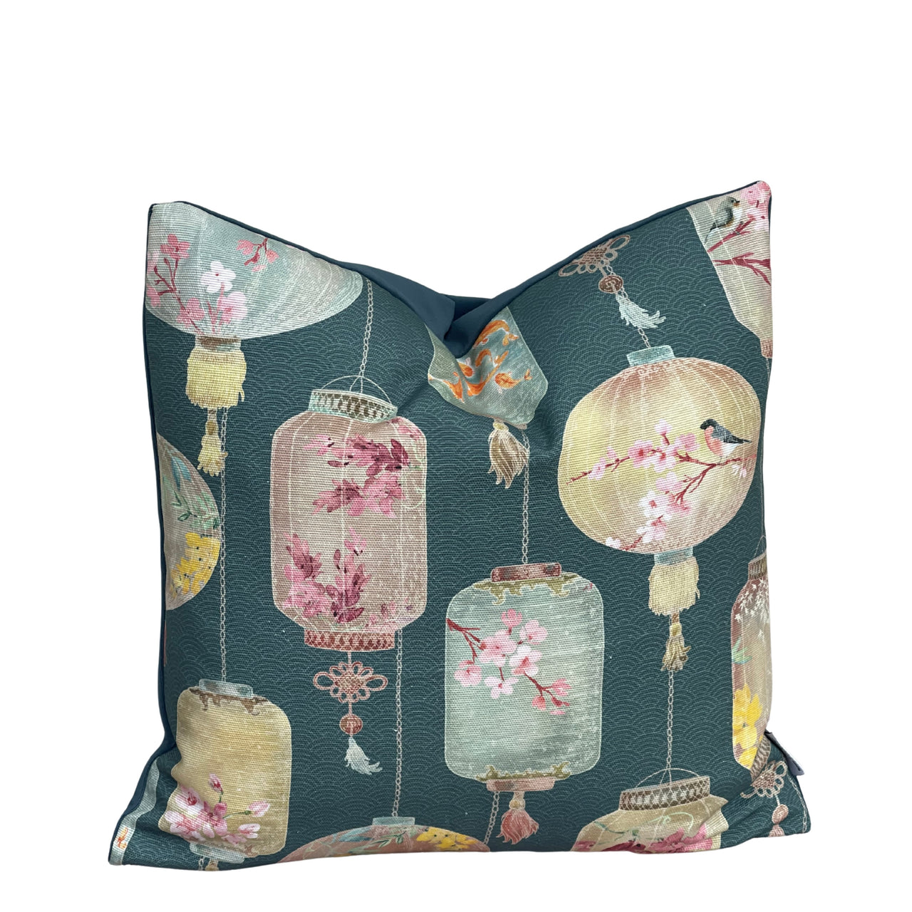 Handmade dark teal decorative cushion cover with traditional Asian lantern illustrations, floral branches, birds and soft pastel accents.