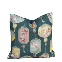 Thumbnail for Handmade dark teal decorative cushion cover with traditional Asian lantern illustrations, floral branches, birds and soft pastel accents.