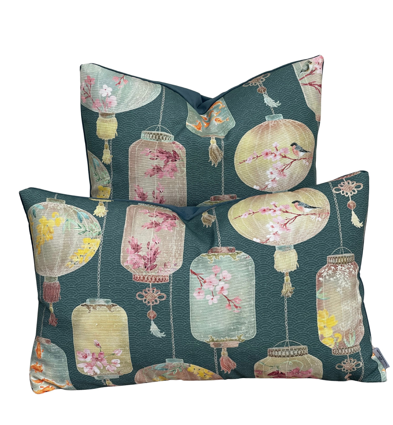 Handmade dark teal cushion cover with colourful Asian lanterns, floral patterns, delicate tassels and traditional koi fish artwork.