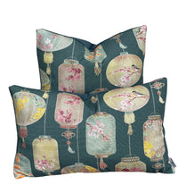 Thumbnail for Handmade dark teal cushion cover with colourful Asian lanterns, floral patterns, delicate tassels and traditional koi fish artwork.