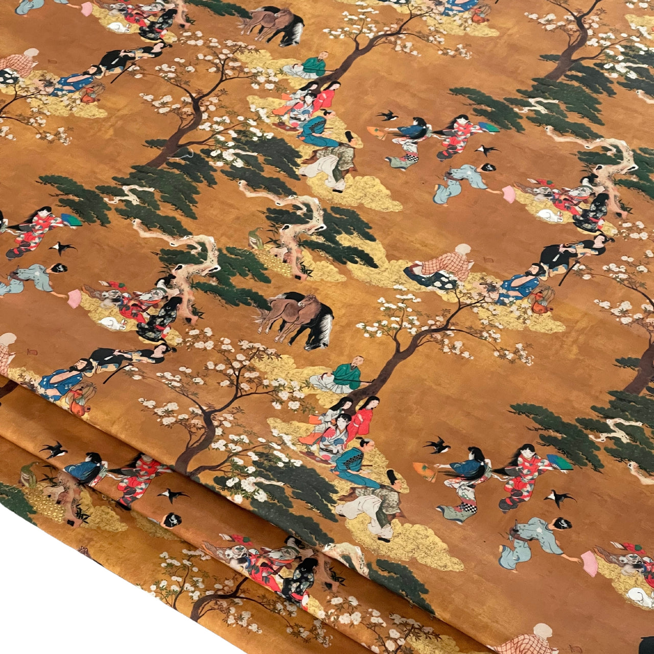 Cherry Blossom Geisha and Samurai Fabric - Japanese  Golden Yellow Cotton for Oriental Home Decor