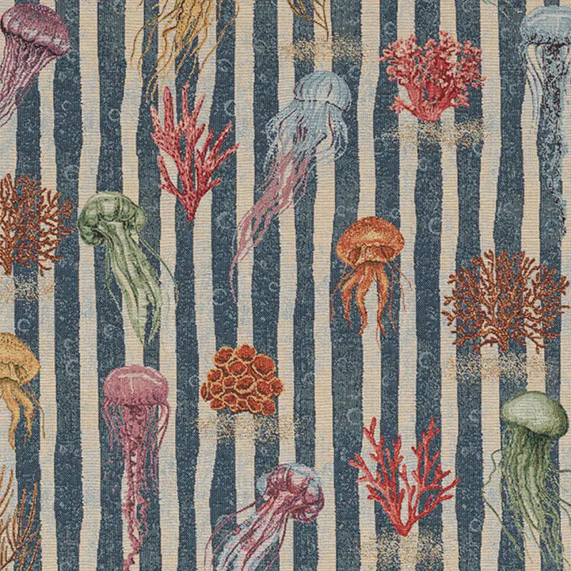Luxury Coastal Fishes and Corals Upholstery Fabric – Blue Nautical Woven Tapestry for Home Décor