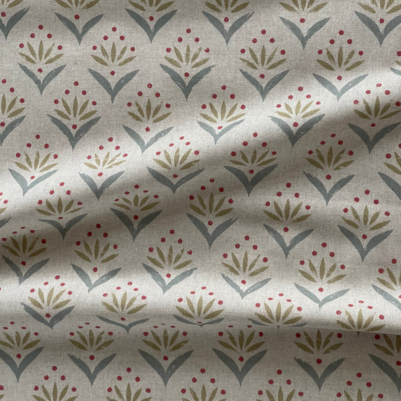 Duckegg botanical curtain fabric with stylised leaf and berry pattern