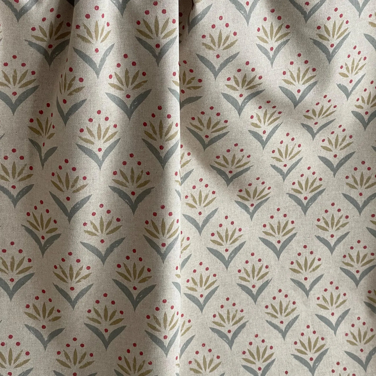 Meadow Berry duckegg fabric with small botanical floral pattern in sage green and berry red